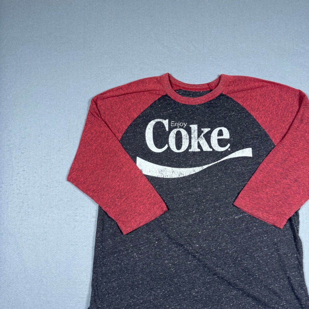 Coca-Cola Graphic Raglan T-Shirt Mens Large Black Red Baseball Style Distressed - Picture 8 of 11